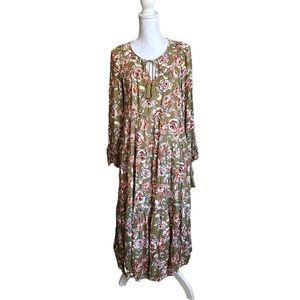 Easel Women's Green & Pink Floral Ruffle Flowy Ruffled Midi Dress size Small